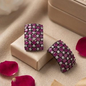 Luxury Curved Ruby And White Topaz Hoops-Black Rhodium Finish