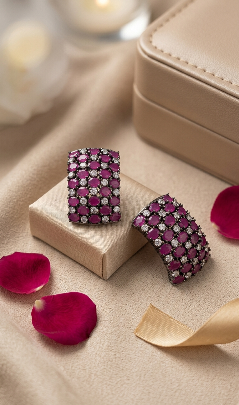 Luxury Curved Ruby And White Topaz Hoops-Black Rhodium Finish