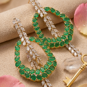 The Evangeline Emerald And Marquise Open Oval Vine Drop Earrings-Gold Finish