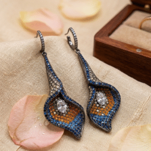 Gunmetal Sculpted Floral Dangle Earrings With Blue Pavè And Oval Crystal-Black Rhodium Finish