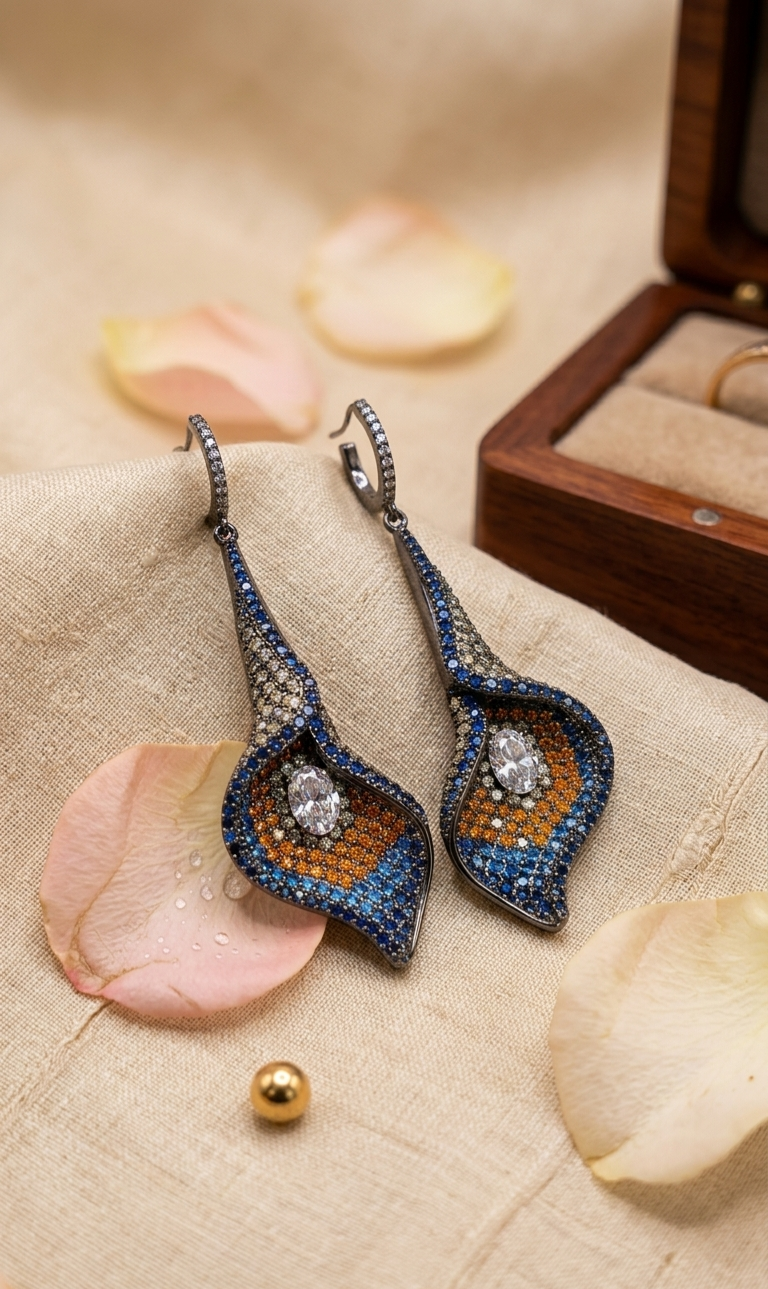 Gunmetal Sculpted Floral Dangle Earrings With Blue Pavè And Oval Crystal-Black Rhodium Finish