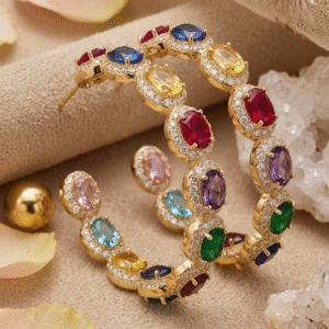 The Iris Rainbow Oval Halo Hoops-Gold Finish