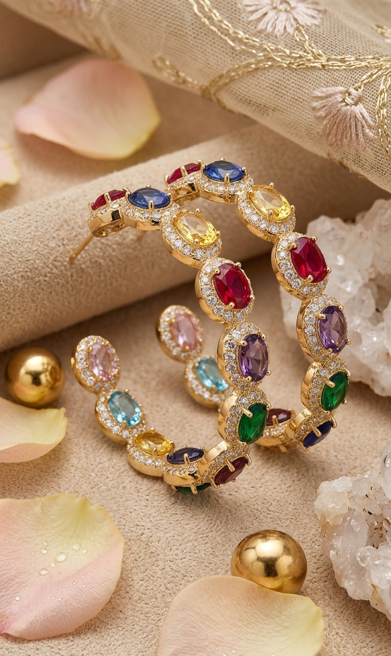 The Iris Rainbow Oval Halo Hoops-Gold Finish