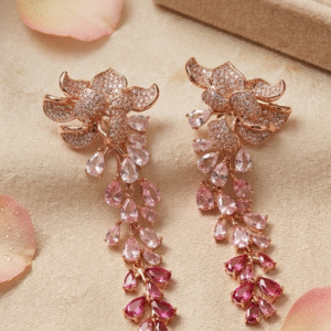 Blush To Raspberry Pink Gradient Ombrè Floral Drop Earrings-Rose Gold Finish