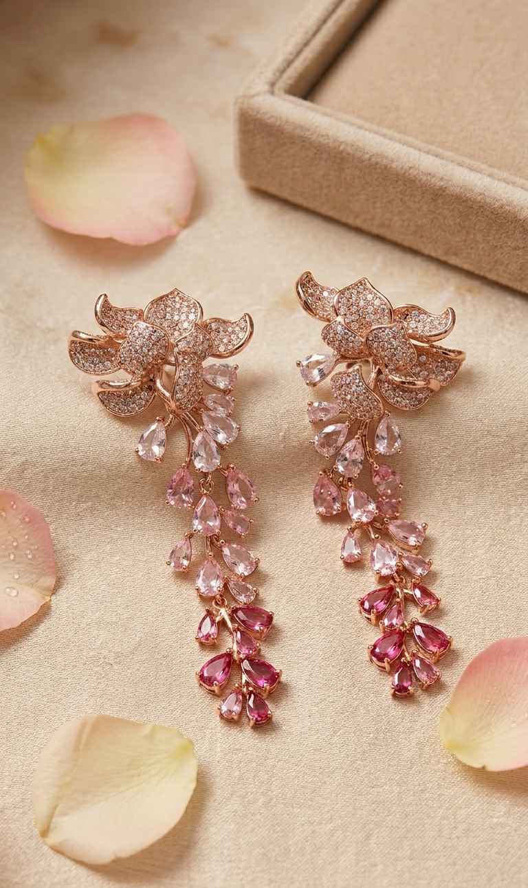 Blush To Raspberry Pink Gradient Ombrè Floral Drop Earrings-Rose Gold Finish