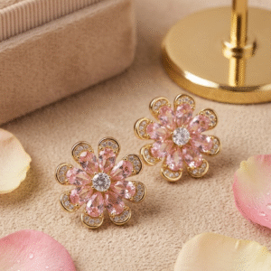 Pink Tourmaline And Diamond-Style Pavè Flower Studs-Gold Finish
