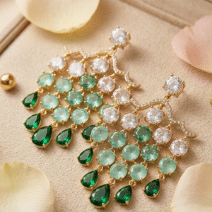 Mint To Emerald Green Gradient Teardrop Chandelier Drop Earrings-Gold Finish