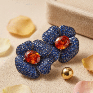 Sapphire And Orange Spessartite Garnet Floral Studs-Black Rhodium Finish