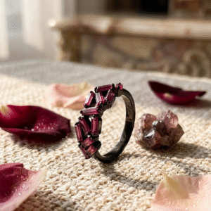 The Crimson Choas Ruby Baguette Scattered Cluster Adjustable Ring-Black Rhodium Finish