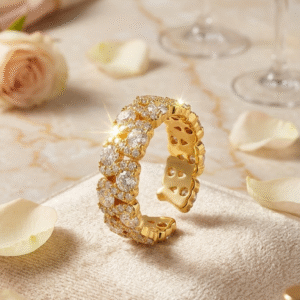 Diamond-Style Pavè Cuban Chain Wide Band Adjustable Ring-Gold Finish