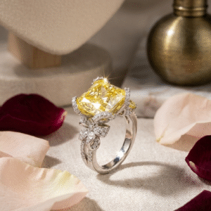 The Imperial Canary Cushion-Cut Yellow Diamond Ribbon Bow Adjustable Ring-Platinum Finish