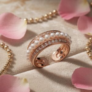 Seed Pearl And Diamond-Style Pavè Wide Band Adjustable Ring-Rose Gold Finish