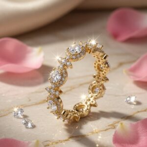 The Venetian Garland Round Brilliant Diamond-like Halo Scalloped Eternity Band Ring-Gold Finish