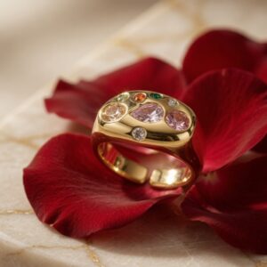Multi-Gemstone Flush-Set Chunky Signet Ring-Gold Finish