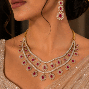 The Dynasty Tier Ruby Pavè Circular Motif Choker Set-Gold Finish