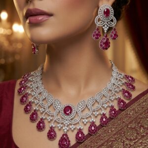 The Empress Imperial Diamond Lace And Ruby Drop Bridal Choker Set-Platinum Finish