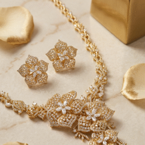 Elysian Flora Asymmetrical Cascading Diamond-Style ChokerSet-Gold Finish