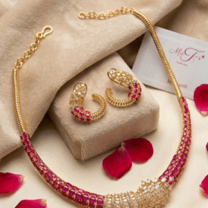 Rubellite Majesty Ribbed Gold And Pavè Crimson Collar Hasli Set-Gold Finish