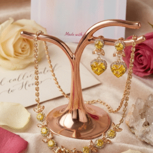 Soliel Empress Yellow Gold Critine Double Heart Necklace Set-Gold Finish