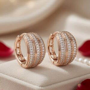 Three-Row PavèDiamond-Style Ribbed Hoops-Gold Finish
