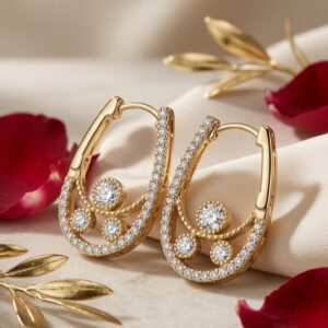 Elongated Pavè Diamond Huggie With Milgrain Accent Hoops-Gold Finish