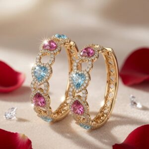 Valentina Pastel Pink And Blue Gemstone Heart Hoops-Gold Finish