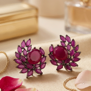 Oval Ruby And Marquise Mangeta Asymmetric Floral Studs-Black Rhodium Finish