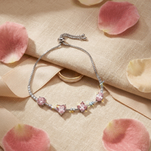 Pink Sapphire Heart And Multi-Cut Charm Dori Bracelet-Platinum Finish