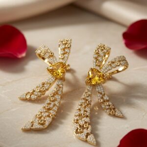 The Golden Belle Bow Heart-Cut Critine Earrings-l-Gold Finish