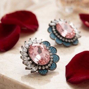 The Alexandera Oval Morganite And Turquoise Pave Earrings-Black Rhodium Finish
