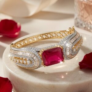 The Royal Crimson Two-Tone Ruby Centerpiece With Tapered Baguette Kada Bracelet-Gold Finish