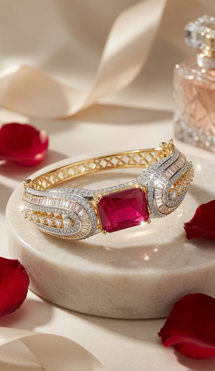 The Royal Crimson Two-Tone Ruby Centerpiece With Tapered Baguette Kada Bracelet-Gold Finish
