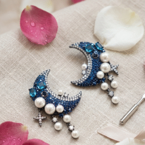 The Midnight Crescent Sapphire And Pearl Celestial Earrings-Black Rhodium Finish
