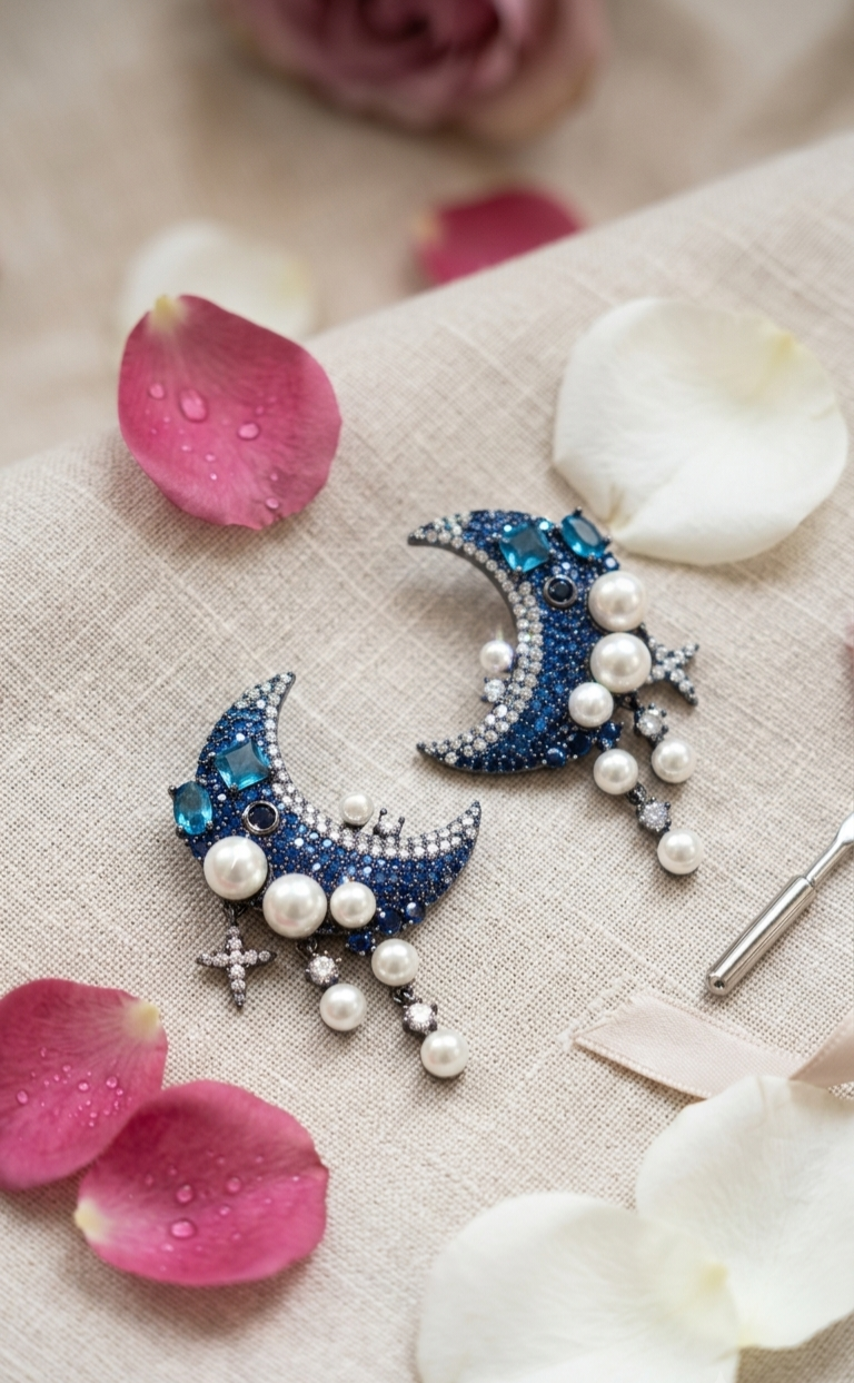The Midnight Crescent Sapphire And Pearl Celestial Earrings-Black Rhodium Finish