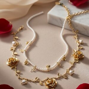 The Aphrodite Rose And Pearl Layered Necklace-Gold Finish