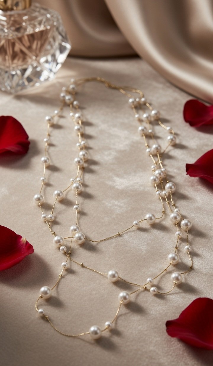Ethereal Cascade Pearl Strand Layering Floating Peral Necklace-Gold Finish