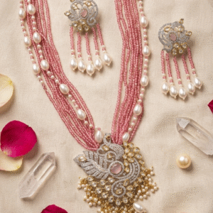 The Maharani Gulabi Polki PeacockMulti-StrandPink Bead And pearl Necklace-Gold Finish