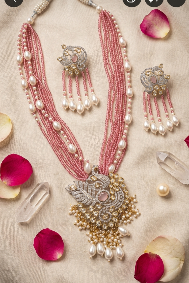 The Maharani Gulabi Polki PeacockMulti-StrandPink Bead And pearl Necklace-Gold Finish