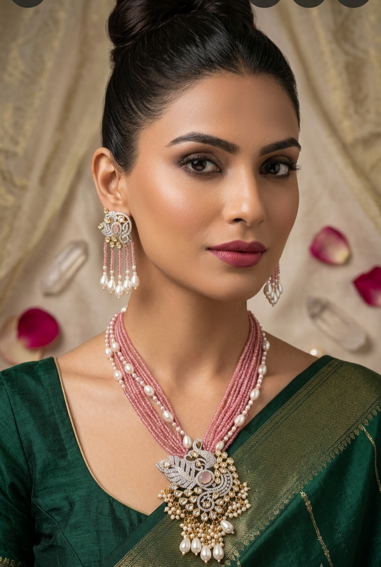 The Maharani Gulabi Polki PeacockMulti-StrandPink Bead And pearl Necklace-Gold Finish - Image 2