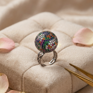 Kaleidoscope Eclipse Luxury Rainbow Disco Ball Filigree Adjustable Ring-Black Rhodium Finish