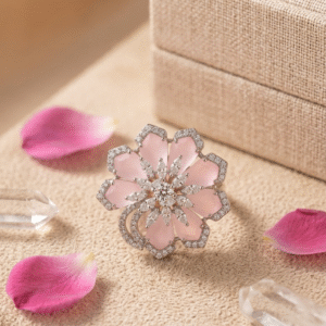 The Pink Sakura Blush Petal Majesty Quartz Adjustable Ring-Platinum Finish