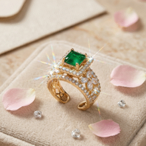 Verdant Estate The Dynasty Square Marquise Emerald Cocktail Adjustable Ring-Gold Finish