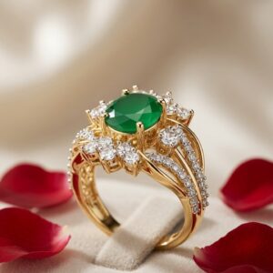 The Sovereign Ivy Emerald Aurora Sunburst Oval Cocktail Adjustable Ring-Gold Finish