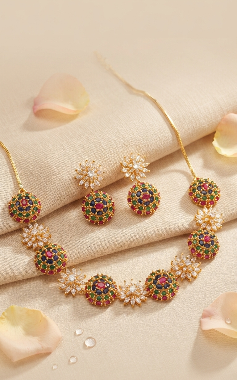 The Rajkumari Mosaic Multi-Gemstone Empress Dome Choker Set-Gold Finish