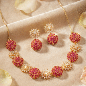 Roseate Radiance Textured Scarlet Sphere Pavè Choker Set-Gold Finish
