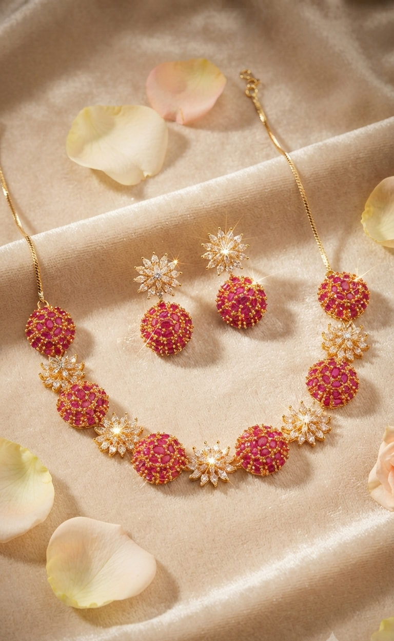 Roseate Radiance Textured Scarlet Sphere Pavè Choker Set-Gold Finish