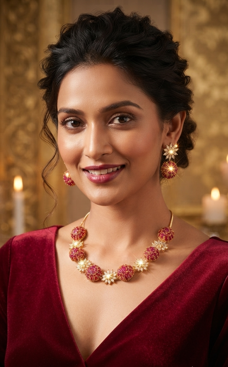 Roseate Radiance Textured Scarlet Sphere Pavè Choker Set-Gold Finish - Image 2