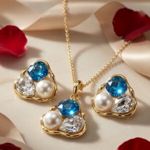 The Thalassa Marine Blue Crystal Cluster And Pearl Pendant Set-Gold Finish