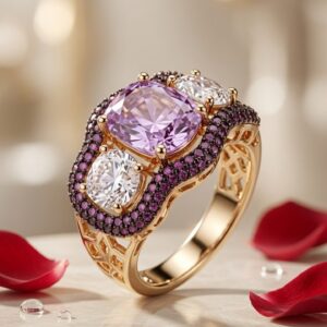 The Seraphina Lavender Amethyst Crystal And Magenta Pavè Adjustable Ring-Gold Finish
