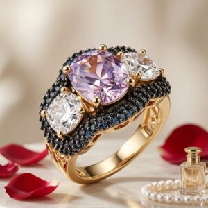 The Midnight Violetta Lavender Crystal And Oval Purple Center And Dark Accent Adjustable Ring-Gold Finish